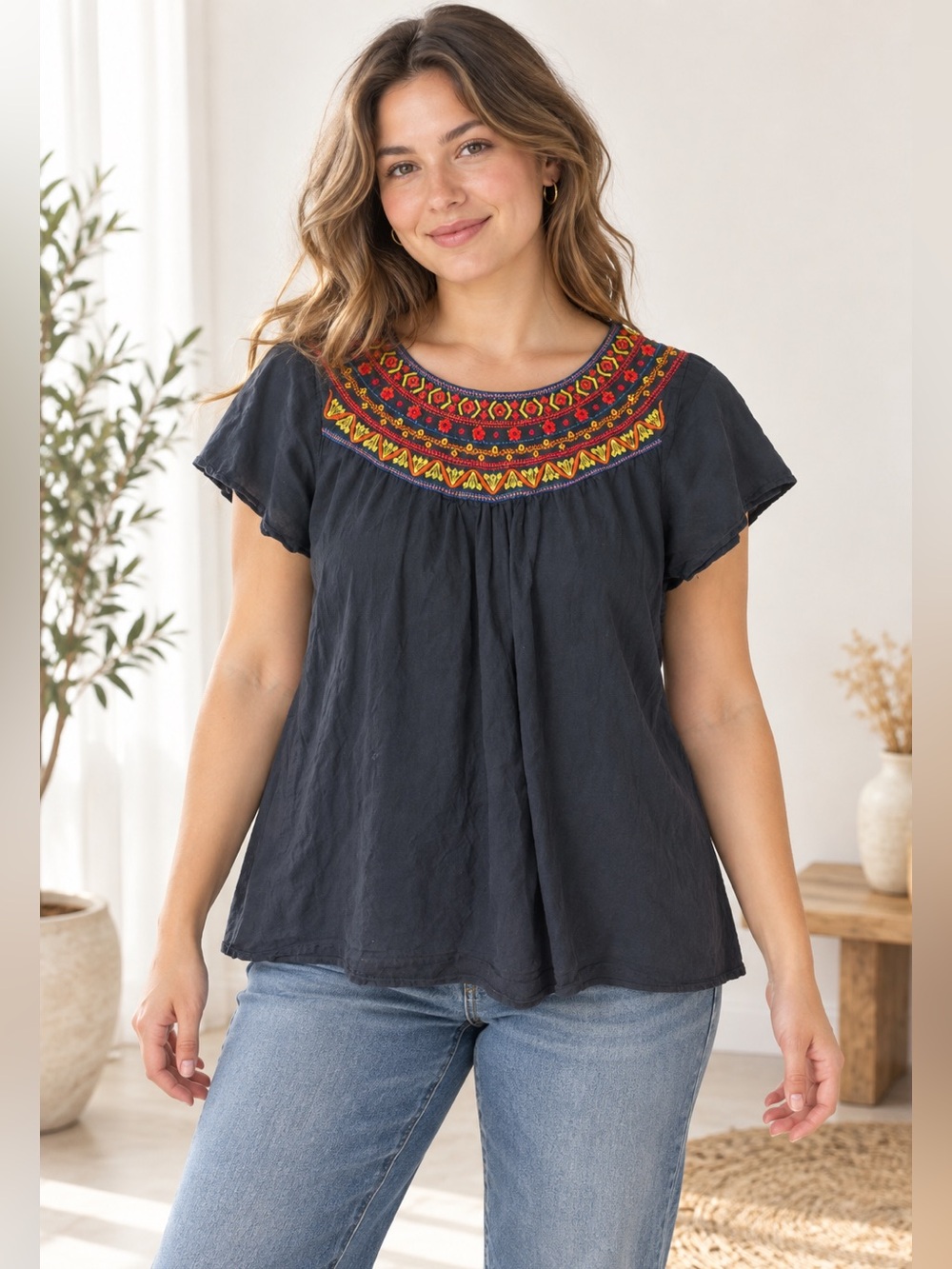 Embroidered Boho Peasant Top 100% Cotton Women’s M/L